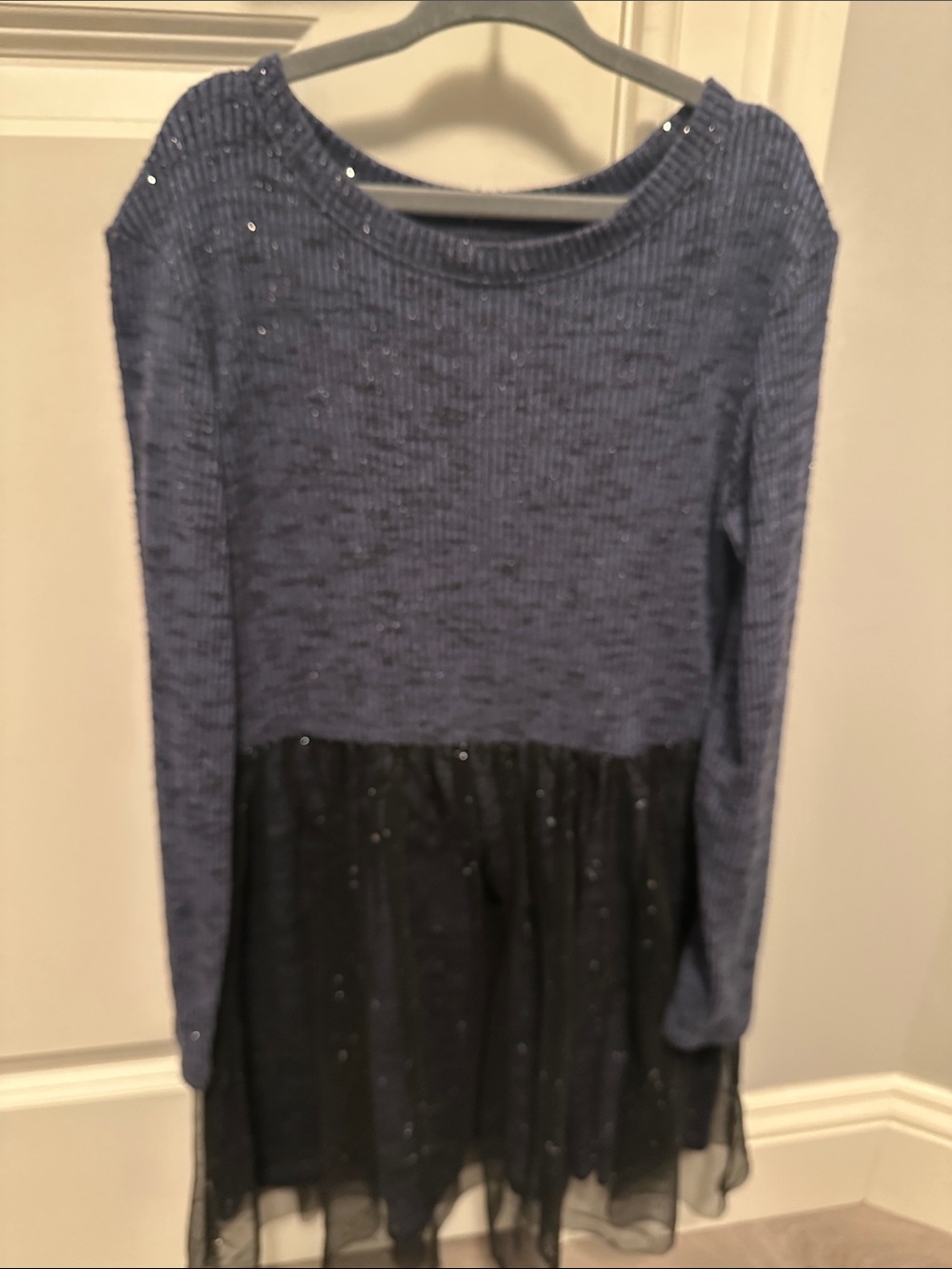 Cat & Jack Girls Long Sleeve Blue Knit Dress with Black Tulle Skirt Size 6/6X